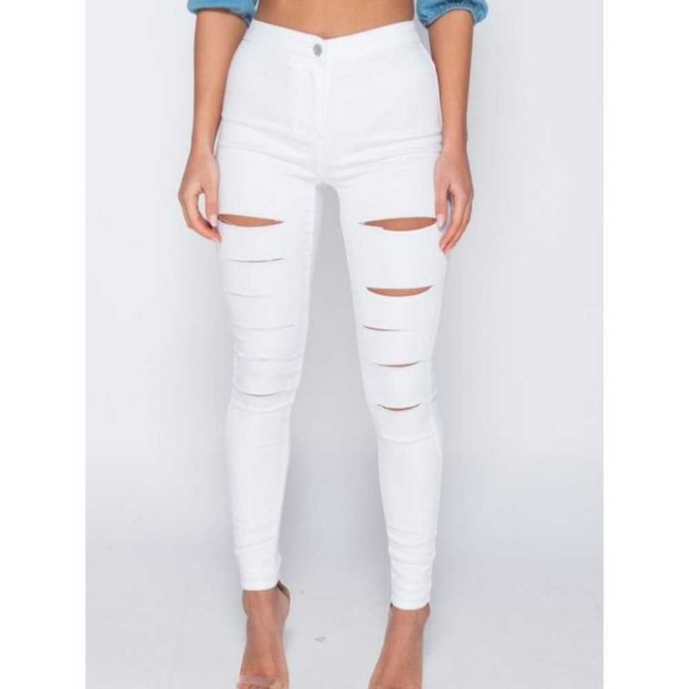 White High Waist Ripped Distressed Skinny Denim Jeggings Pants - Picture 8 of 10